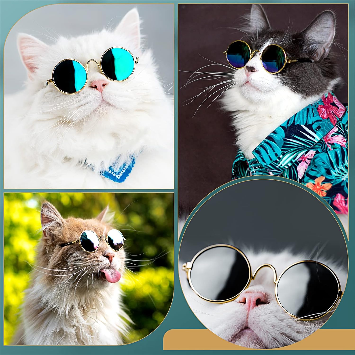 Dog Sunglasses Retro Pet Glasses Doll Glasses Classic Round Dog Glasses Metal Cat Puppy Eye Wear Hippie Costumes for Cats and Dogs, Photos Props Cosplay Party Costume (Gold, Black,Classic Style)