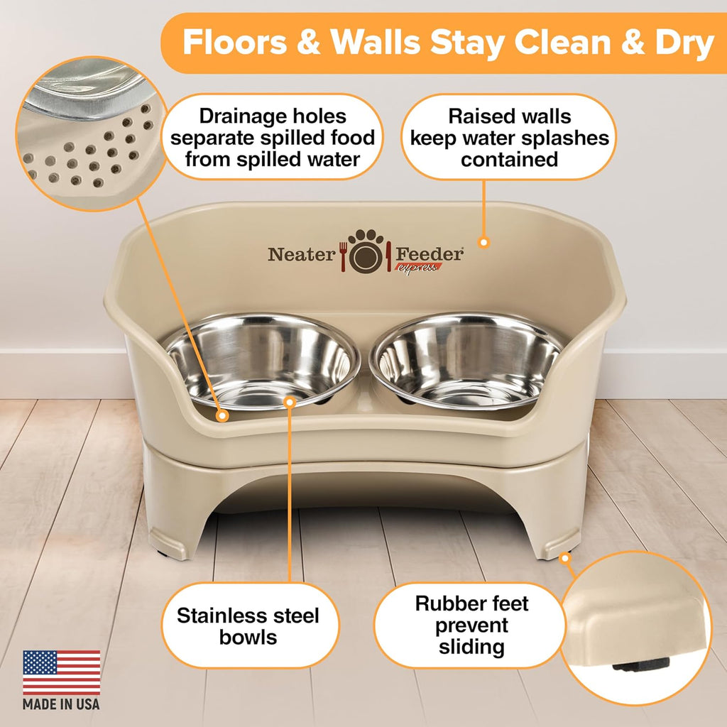 Neater Feeder Express Mess Proof Dog Bowls Elevated for Medium to Large Sized Breed, No Spill Raised Dog Food Bowl Stand, Stainless Steel Food and Water Bowl Set, Pet Dish Feeding Station, Almond