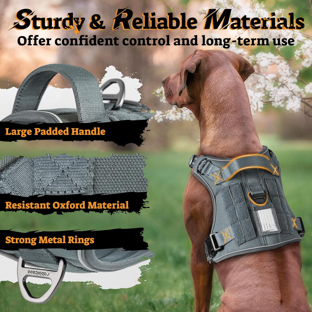 rabbitgoo Dog Harness for Large Dogs No Pull, Tactical Service Pet Vest with Molle and Control Handle, Adjustable and Reflective Military Harness for Easy Walking and Training, Grey, XL