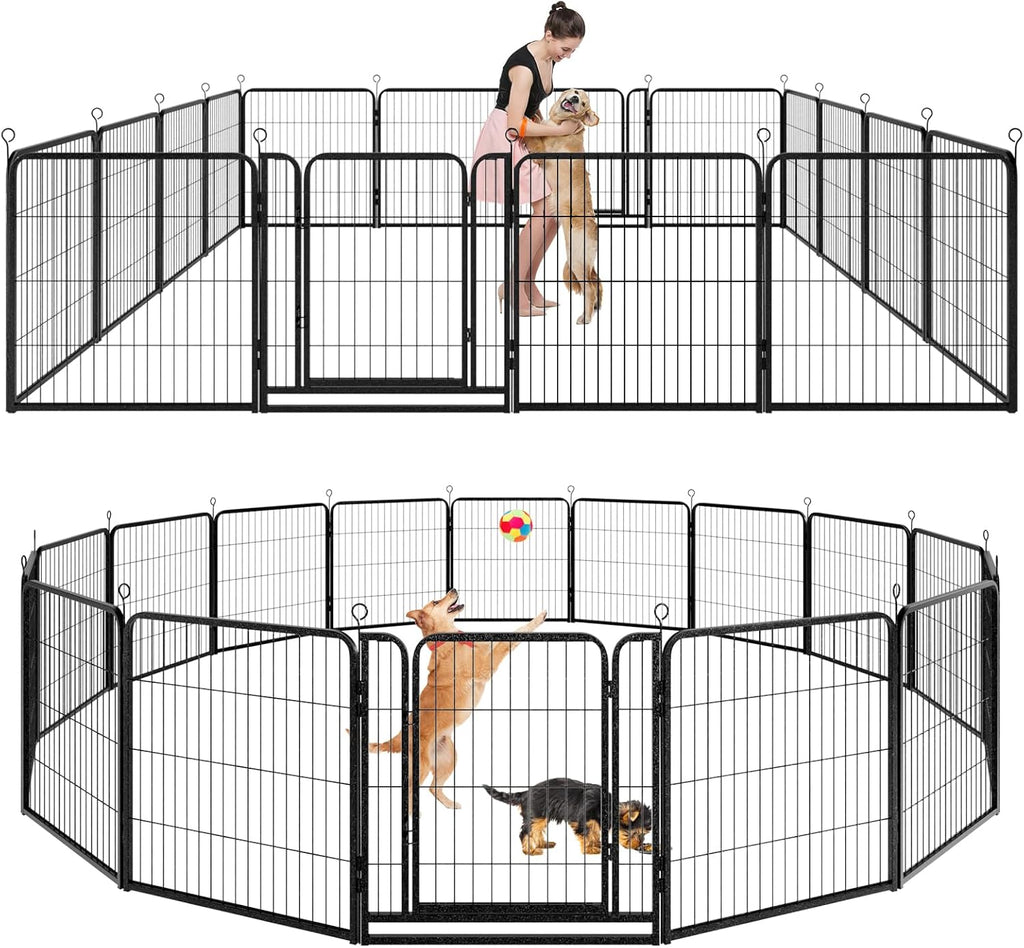 Dog Playpen Outdoor Extra Wide 16 Panels Heavy Duty Dog Fence 32" Height Anti-Rust with Doors Portable for RV Camping Yard, Total 42FT, 140 Sq.ft, Snowy Black