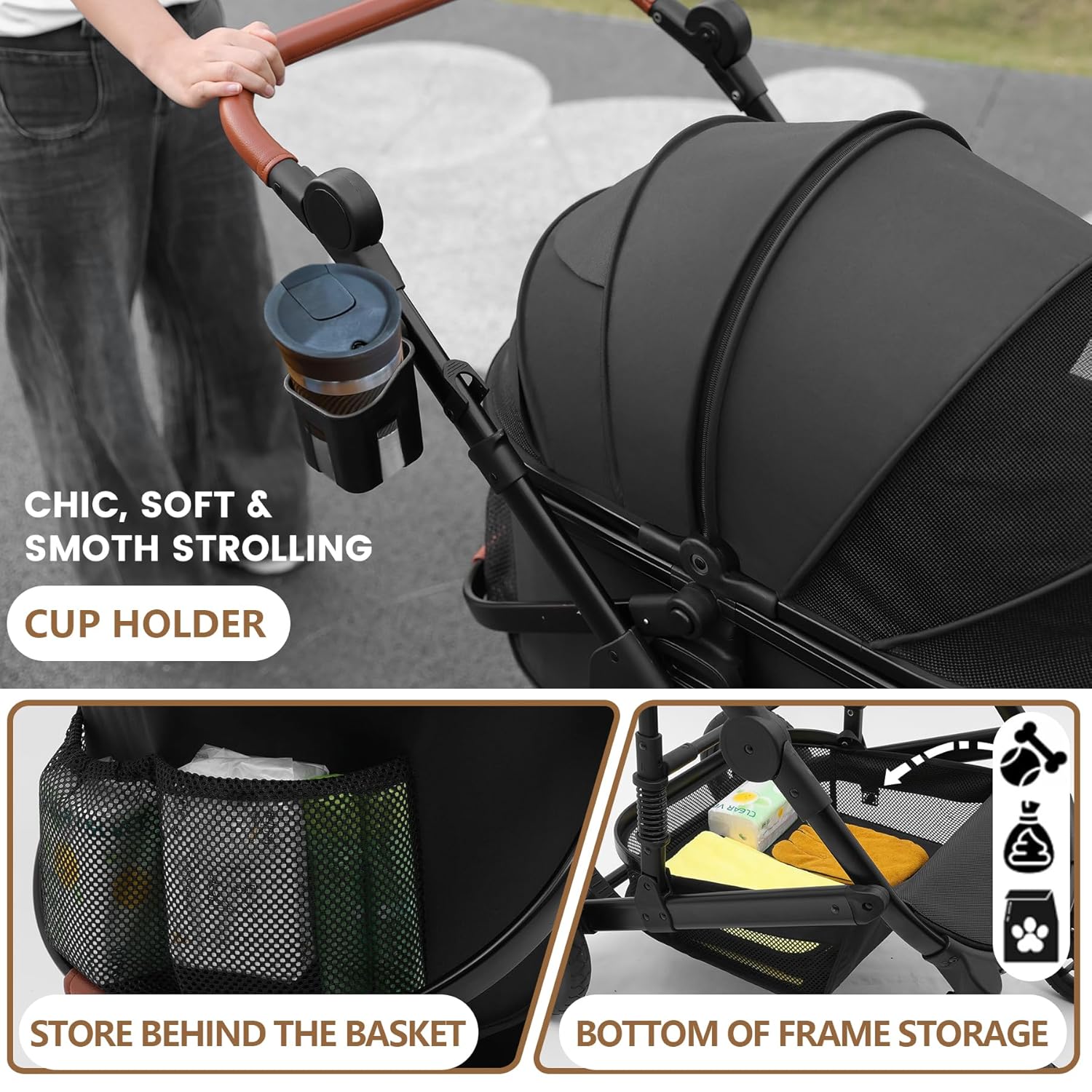 Pet Stroller with 4 Wheels, Foldable Pet Travel Carrier for Small/Medium Dogs Cats up to 50lbs, Detachble Portable Pet Bag, Storage Basket, Car Seat 3 in 1 Multifunctional (Black)