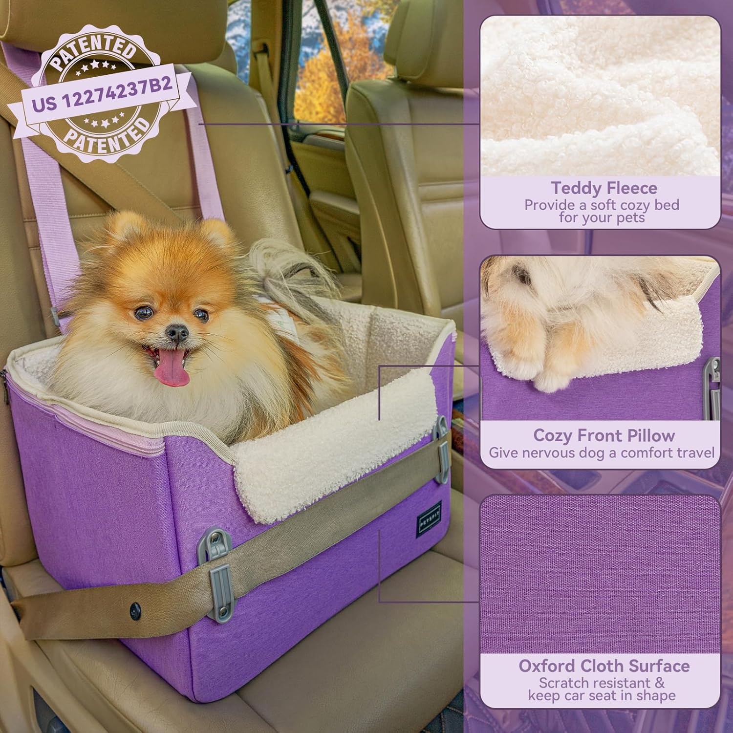 PETSFIT Small Dog Car Seat, Patent Safe Buckles Dog Booster Car Seat, Dogs Carseat with Safety Belt, Suitable for Small Pets Up to 25lbs (Purple)