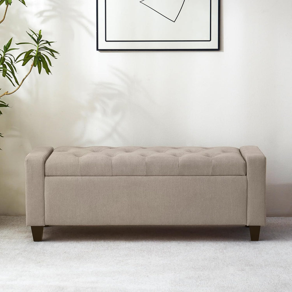 Ottoman with Storage, 48.8" Fabric Storage Ottoman Bench with Hinge, Bedroom Bench, Upholstered Benches with Seating for Living Room, Entryway (Khaki)