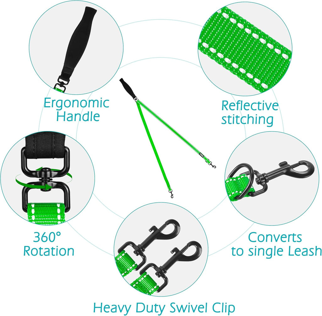 PetBonus Two Point Control Dog Leash, Works with No Pull Harnesses, No Tangle Training Leashes, Soft Padded and Reflective Walking Lead, Converts to Single Lead for Medium Large Dogs (Grass Green)