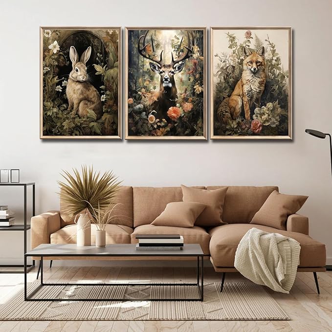 3pcs Vintage Forest Animal Canvas Wall Art Wild Animal Deer Rabbit Fox Paintings Pictures Dark Academia Wall Decor Gothic Botanical Posters Print Artwork for Living Room Office Decor 12x16in Unframed
