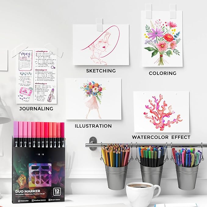 Pink Duo Tip Marker Pens, 12 Pack Fine & Brush Markers for Adult Coloring Books No Bleeding, Blushing Pink Markers for Romantic Illustrations, Floral Designs, Cute Doodling and Lettering
