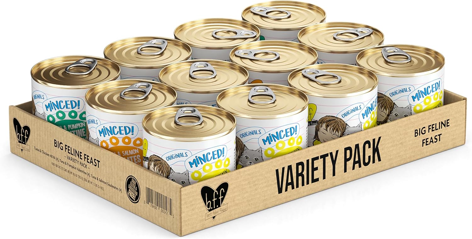 Weruva BFF Minced Natural Wet Cat Food, Big Feline Feast Variety Pack, 10oz Can, Pack of 12