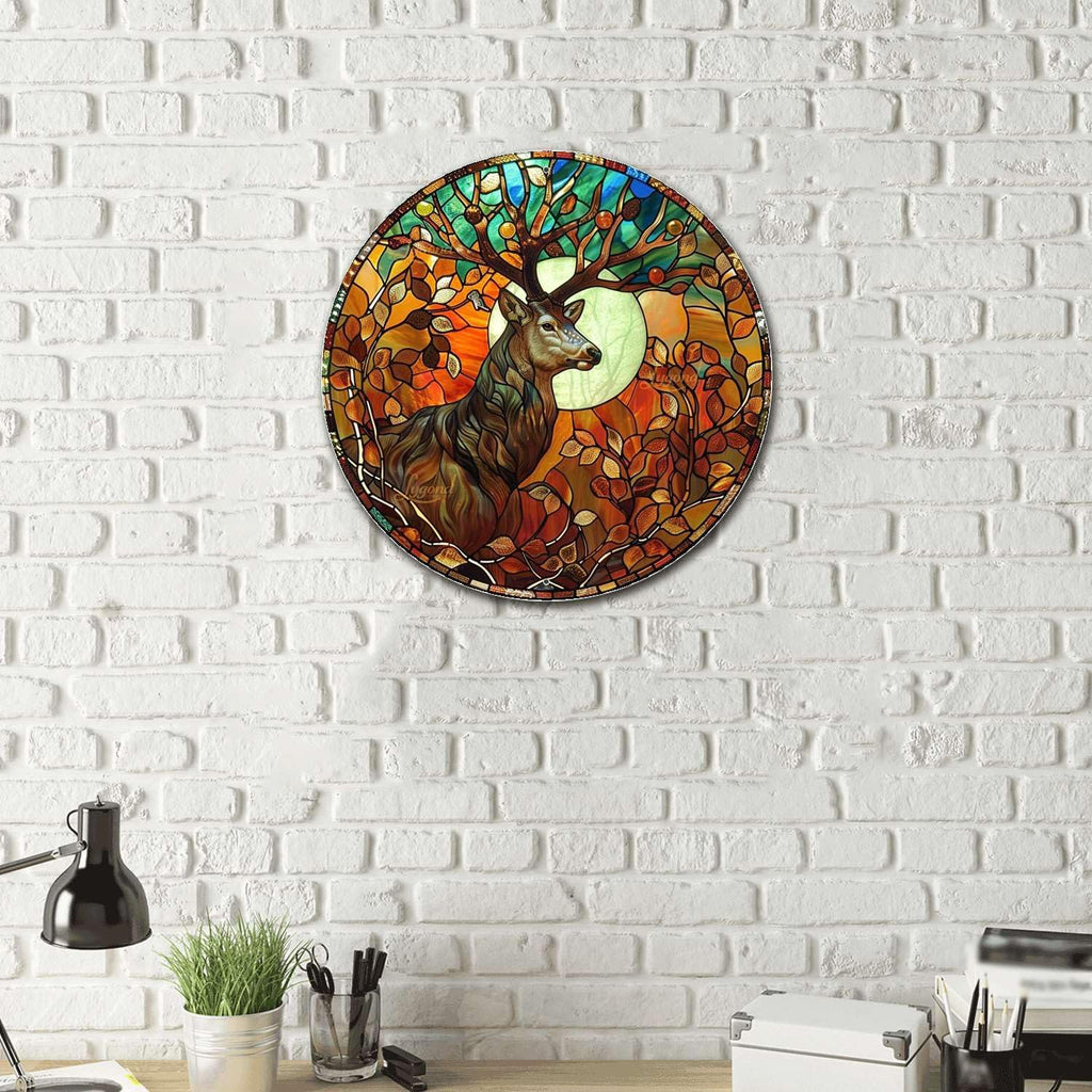 Lygond Metal Sign Tin Sign Circular Stained Glass Deer Vintage Metal Sign for Garage 8×8 Inches