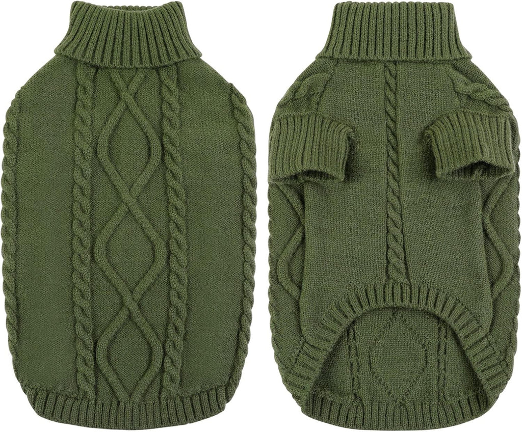 Queenmore Small Dog Pullover Sweater, Cold Weather Cable Knitwear, Classic Turtleneck Thick Warm Clothes for Chihuahua, Bulldog, Dachshund, Pug (Army Green, Small)