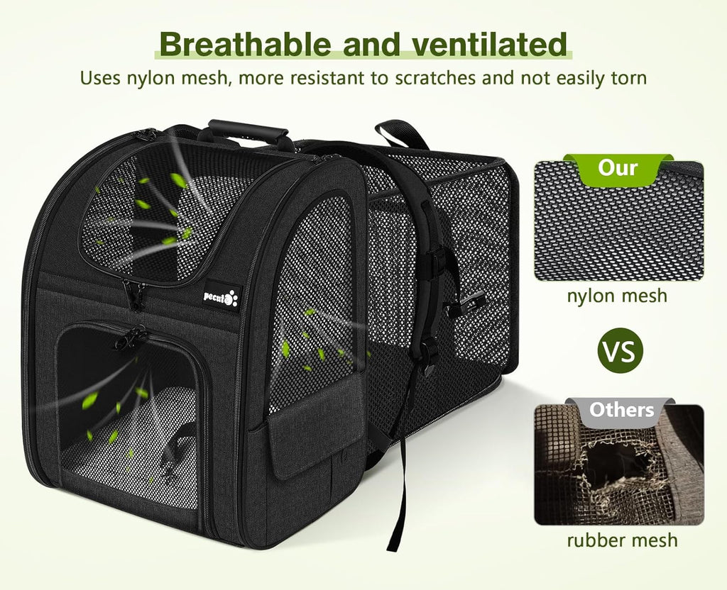 Pecute Pet Carrier Backpack, Large Cat Carrier Backpack, Expandable Cat Backpack with Breathable Mesh for Medium Large Cats, and Small Dogs, Dog Backpack Carrier for Travel Hiking Black