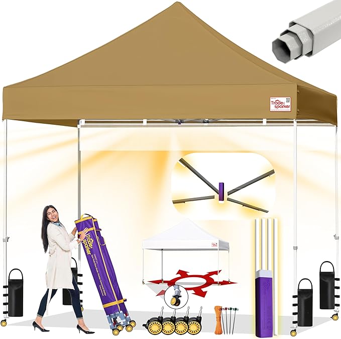 Tradesparker 8x8 Pop Up Canopy Tent,Commercial Movable Canopy with ApexCore LED & Rugged Casters-Instant Easy Setup Shelter Canopies with Weight Bags & Stakes for Oudoor Events Markets Vendors,Khaki