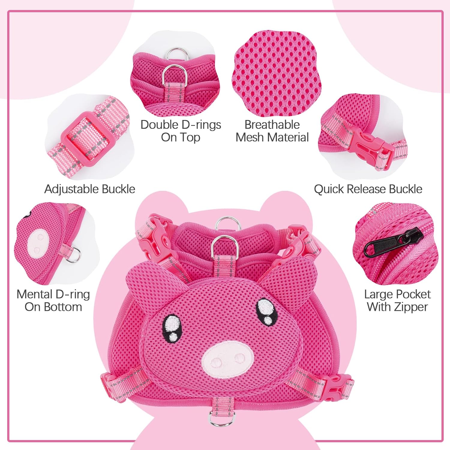 IDOMIK Dog Backpack Harness, No-Pull Dog Backpack with D-Ring for Small Medium Dogs, Cute Self Carrier Backpack for Dogs to Wear, Adjustable Dog Harness Backpack for Traveling Camping Hiking,Pig,L