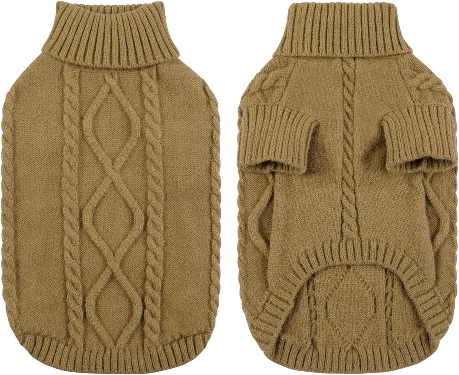 Queenmore Small Dog Pullover Sweater, Cold Weather Cable Knitwear, Classic Turtleneck Thick Warm Clothes for Chihuahua, Bulldog, Dachshund, Pug (Light Brown, X-Small)
