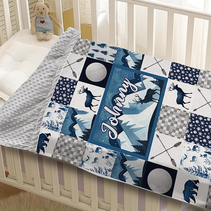 Personalized Baby Blankets for Girls Boys, Custom Blue Deer Baby Blanket with Name for Kids, Flannel Bed Throw Blanket for Newborn, Customized Gifts for Baby Shower Nursery Blanket(30”x40)