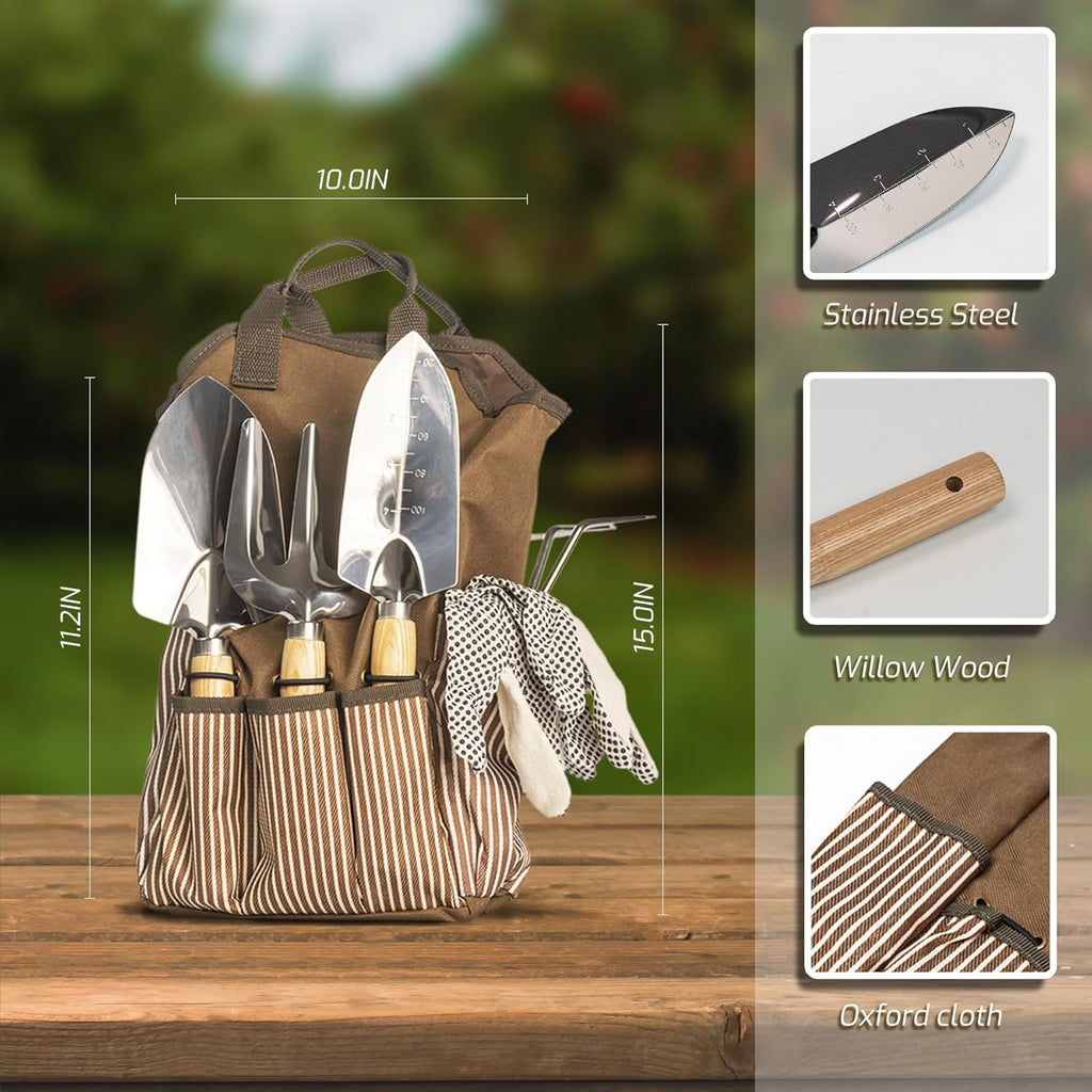13-Piece Garden Tools Set with Tote Bag & Apron, Repotting Mat - Stainless Steel Heavy Duty Planting Kit, Ergonomic Non-Slip Handles - Gardening Gift for Women, Mom, Home Gardeners