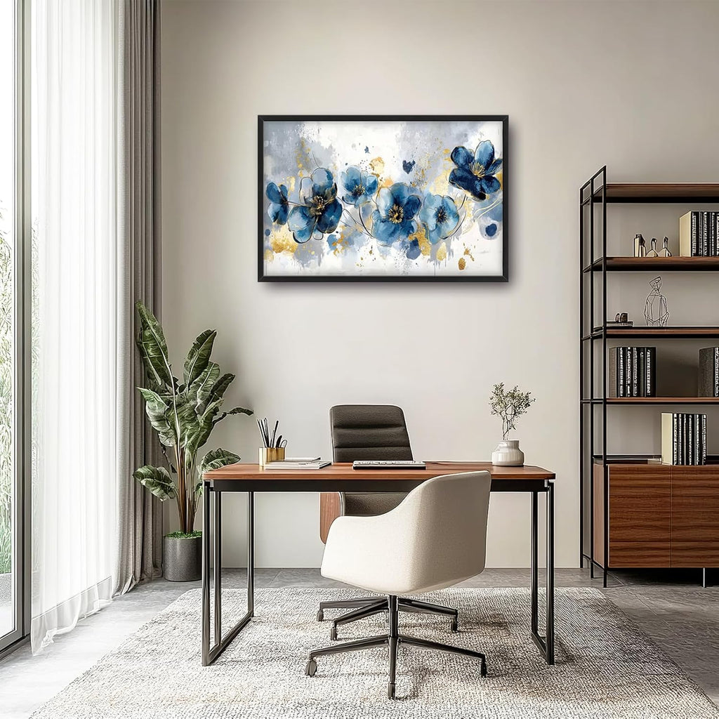 Extra Large Framed Abstract Blue Flower Wall Art,Oversized Golden Grey Floral Wall Decor Pictures for Living Room,Canvas Print Painting Modern Artwork Bedroom Office Bathroom Home Decor 36L" x 24W"