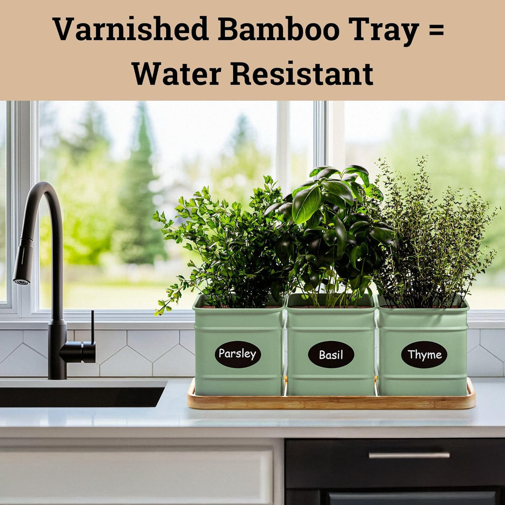 Herb Planter Indoor - 3 Iron Herb Pots with Drainage Holes, Varnished Bamboo Tray, Customizable Labels & Marker Pen - Indoor Herb Garden Planter - 3 Pots for Herbs - Inside Spice Garden - Basil Pot
