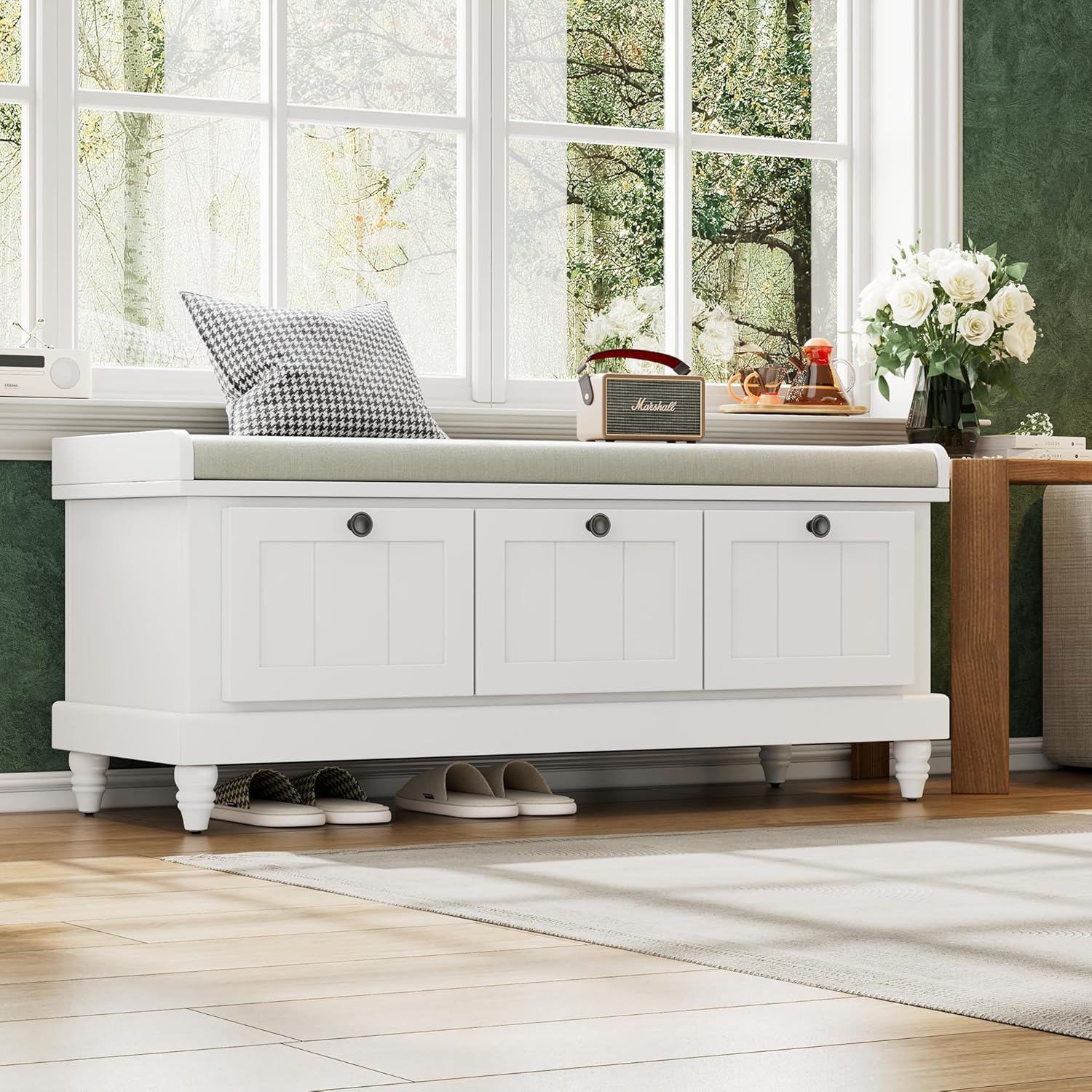 Classic Shoe Storage Bench with Cushion and Three Drawers, Fluted Entryway Bench with Storage for Entryway, Living Room, Hallways 44.0" L x 15.9" W x 18.9" H White