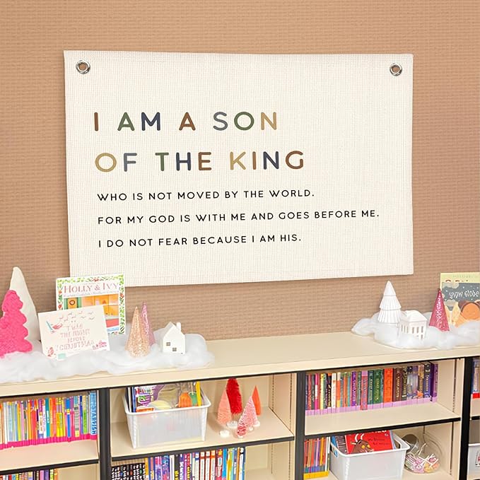 Lacama Christian Wall Decor for Boys Room,Baby Boys Nursery Decor,Bible Verse Wall Linen Hanging Banner Flags,I Am The Son of A King Neutral Wall Decor,Birthday Christmas Gift 30x20 Inch