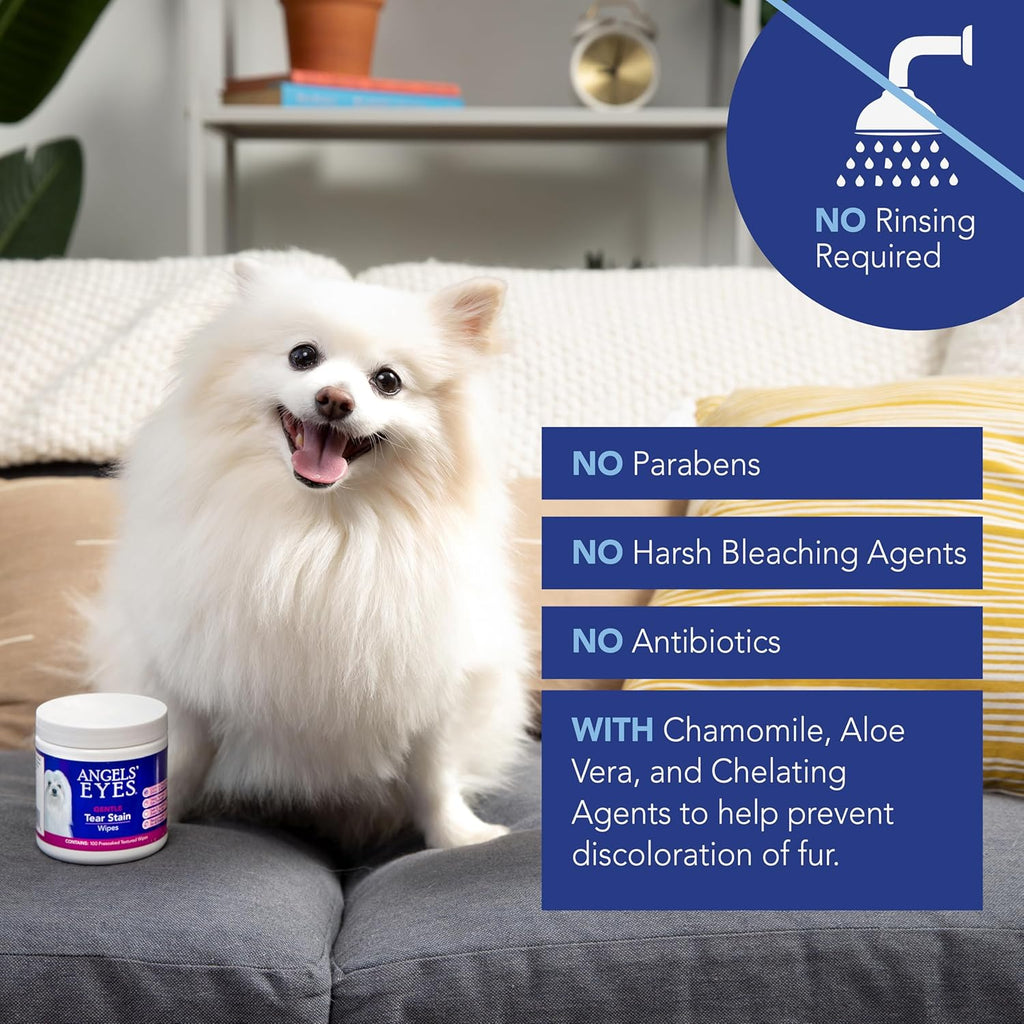 ANGELS' EYES Gentle Tear Stain & Pet Eye Wipes for All Dogs & Cats Textured Grooming Wipes Remove Discharge & Mucus, Reduce Tear Stains, Hypoallergenic with Aloe & Chamomile, 100ct