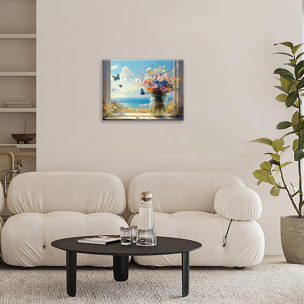 Beach Floral Bathroom Pictures Wall Art, Colorful Flower Bathroom Wall Decor, Coastal Ocean Framed Painting Canvas Artwork for Bedroom Living Room Decorations 16"L x 12"W