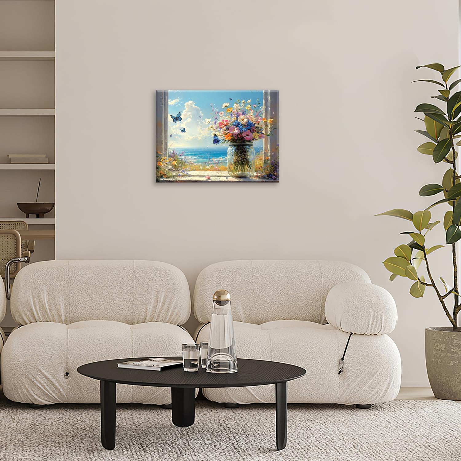 Beach Floral Bathroom Pictures Wall Art, Colorful Flower Bathroom Wall Decor, Coastal Ocean Framed Painting Canvas Artwork for Bedroom Living Room Decorations 16"L x 12"W