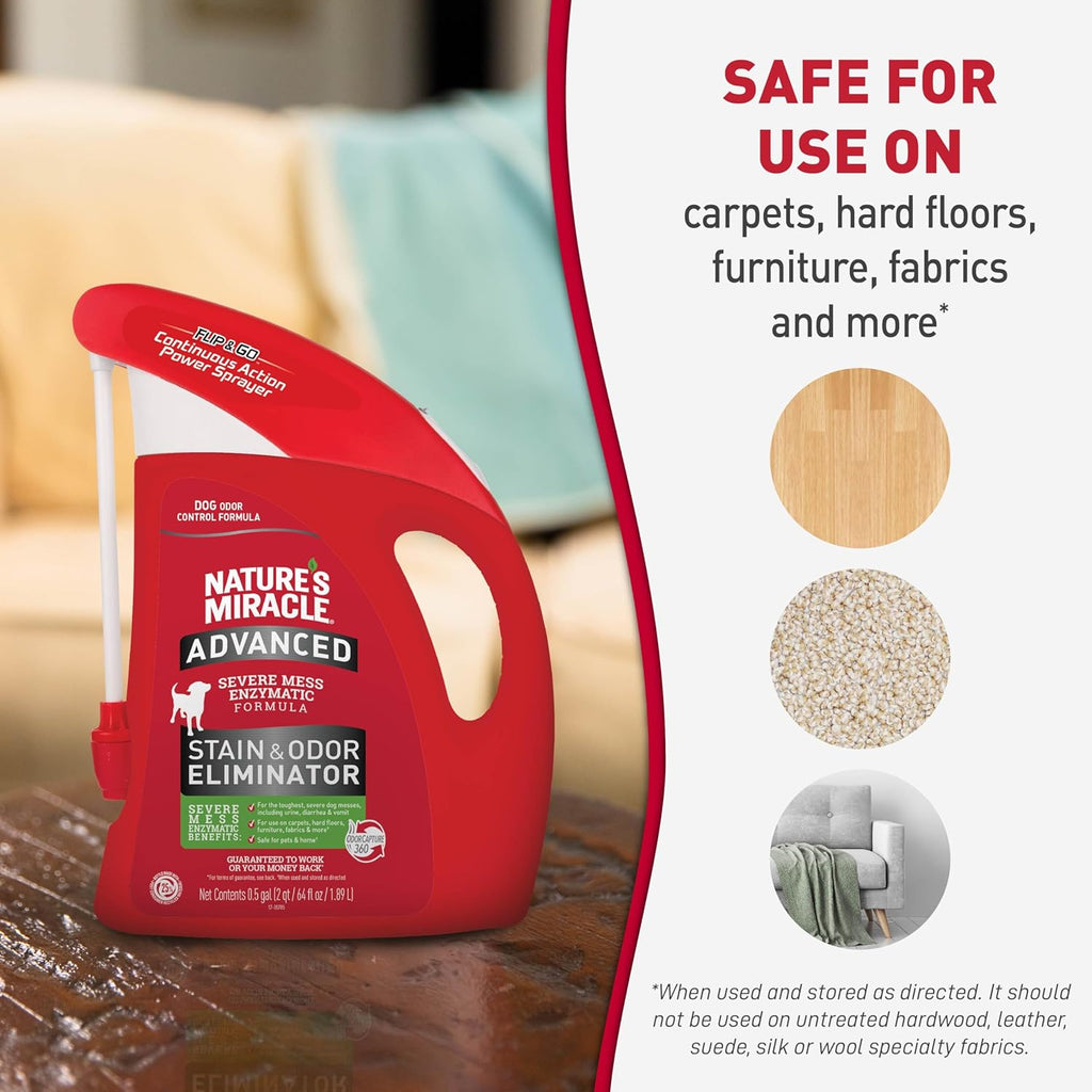 Nature’s Miracle Advanced Stain & Odor Eliminator For Dogs With Flip & Go Sprayer, 64 Ounces, Enzymatic Formula For Severe Dog Messes Including Urine, Feces, Diarrhea And Vomit Stains And Odors