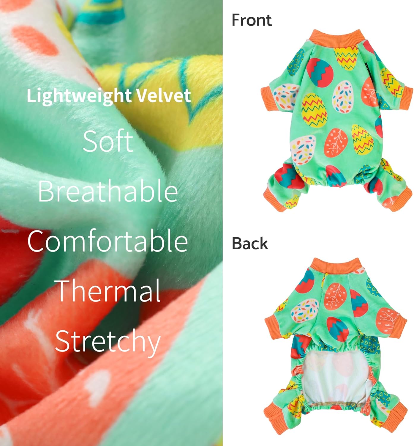 Fitwarm Easter Egg Dog Pajamas, Holiday Dog Clothes for Small Dogs Girl Boy, Pet Easter Outfit, Puppy Cat Onesie, Lightweight Velvet, Light Green, Orange, XXL