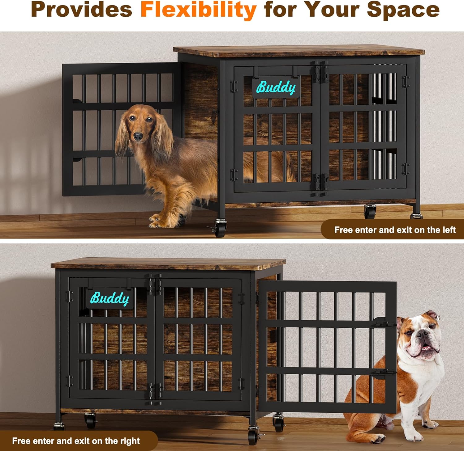 EasyCom 33"/27" Dog Crate Furniture with Name Tag, Heavy Duty Dog Kennel Indoor for Medium and Small Dogs, Double-Doors Sturdy Metal Dog Cage, Decorate House as TV Stand, End Table, Bedside Table