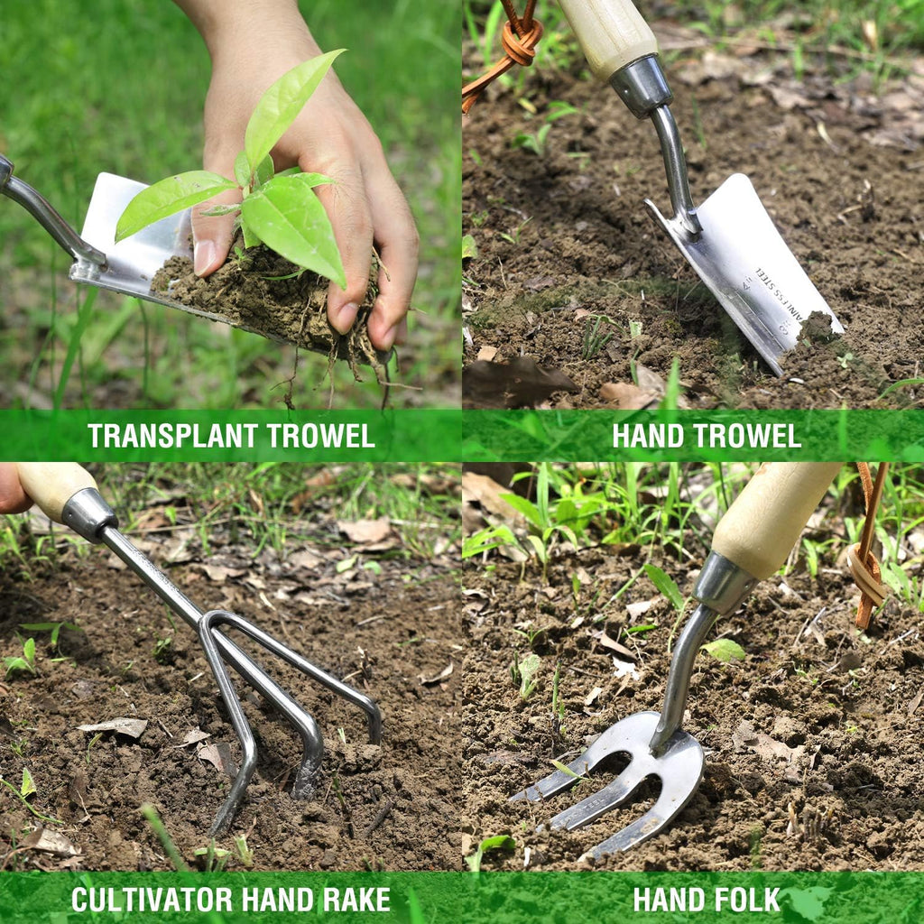 WORKPRO Garden Tools Set, 8 Piece, Stainless Steel Heavy Duty Gardening Tools with Wooden Handle, Including Garden Tote, Gloves, Trowel, Hand Weeder, Cultivator and More-Gardening Gifts For Women Men