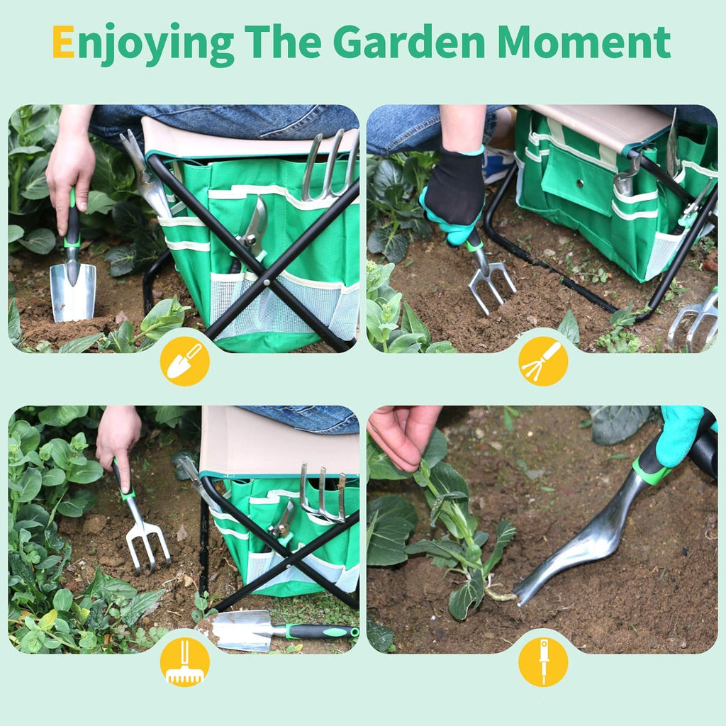 Kitness 9 PCS All-in-one Garden Tools Set Heavy Duty Cast-Aluminium Alloy Gardening Tools Kit with Folding Stool Seat&Detachable Canvas Tool Bag Great Gifts for Gardening