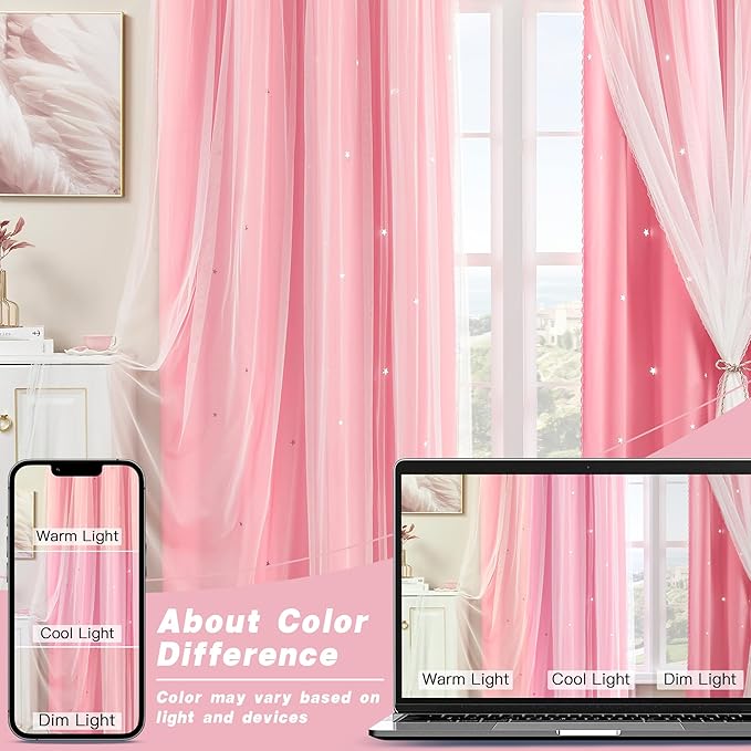 XiDi Pink Curtains with Sheer Overlay for Girls Bedroom 2 Panels Blackout Double Layer Curtains 63 Inches Length for Kids Princess Nursery Room Star Cut Out Home Decor Grommet Window Drapes W52 X L63