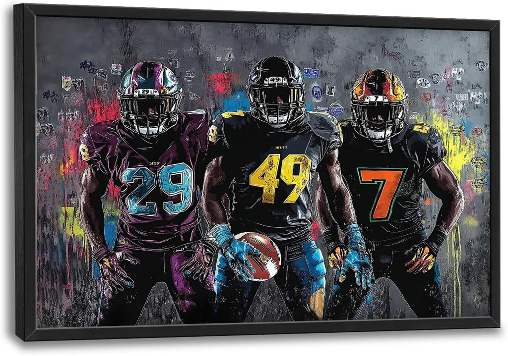 Large Rugby Player Wall Art for Living Room, Framed Oversized Graffiti Sport Wall Decor Cool Canvas Painting Pictures for Men Modern Artwork for Living Room Bathroom Bedroom Office Dining Room 36"x24"