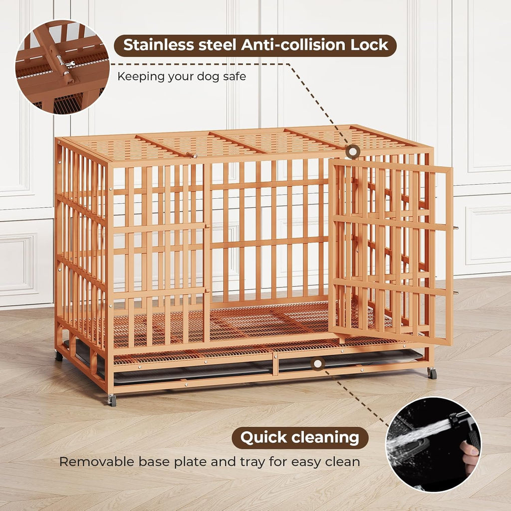 48IN Heavy Duty Dog Crate Steel Escape Proof, Indoor Double Door High Anxiety Cage Removable Tray, Extra Large,Orange