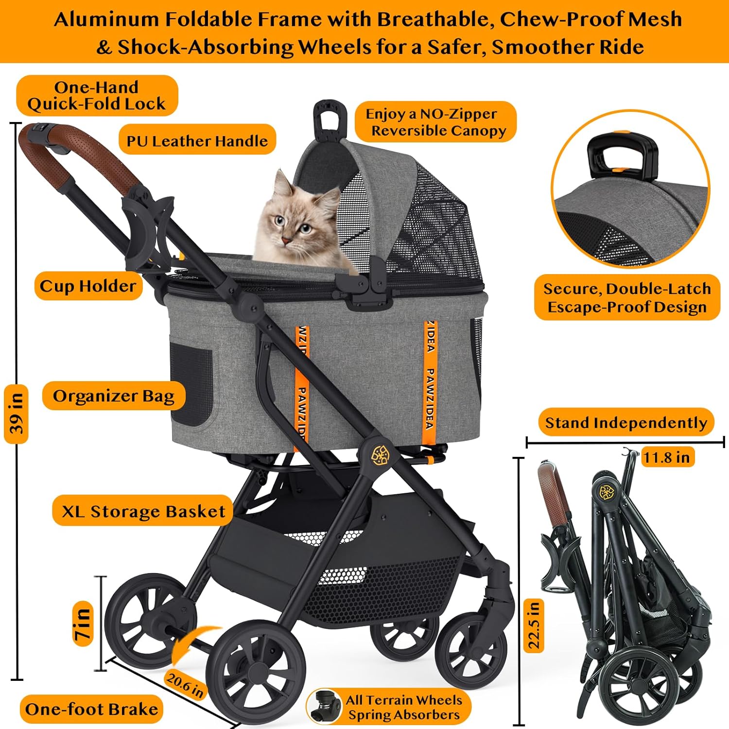 PAWZIDEA Pet Stroller 4 in 1, Dog Strollers for Small/Medium Dogs with Detachable Carrier Easy Lock Canopy, Seatbelt Puppy Car Seat, Cozy House, Foldable & Lightweight Jogger Cat Stroller, 4 Wheels