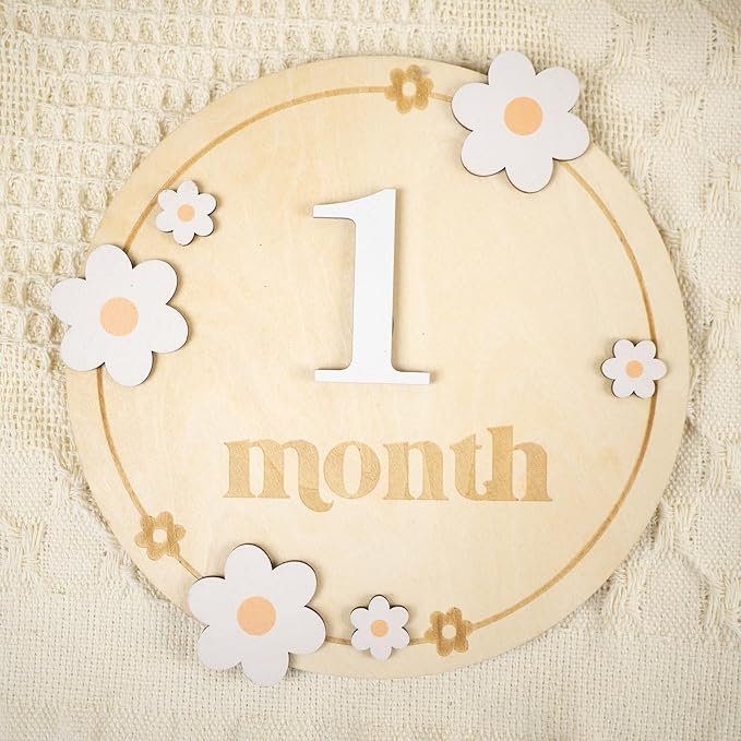 Baby Monthly Milestone Cards - Wooden Monthly Milestone Discs - Newborn Photography Props to Document Your Baby´s Growth - Baby Announcement Sign (B06)