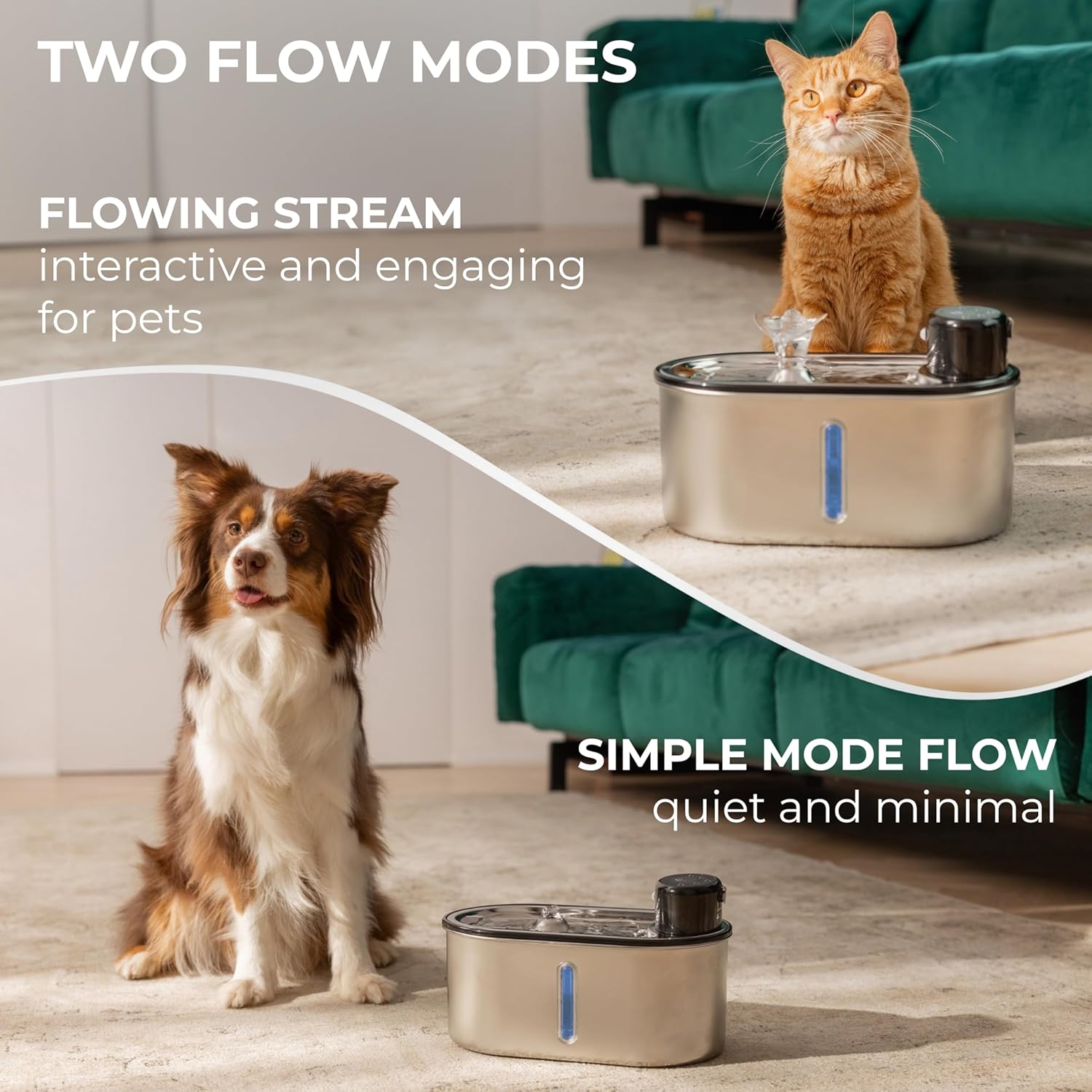 Wireless Cat Water Fountain Stainless Steel, 5200mAh Battery, Ultra Quiet, Automatic Pet Water Dispenser, 108oz/3.2L, Two Flow Modes, BPA-Free, Multi-Filtration, Includes 2 Filters - White