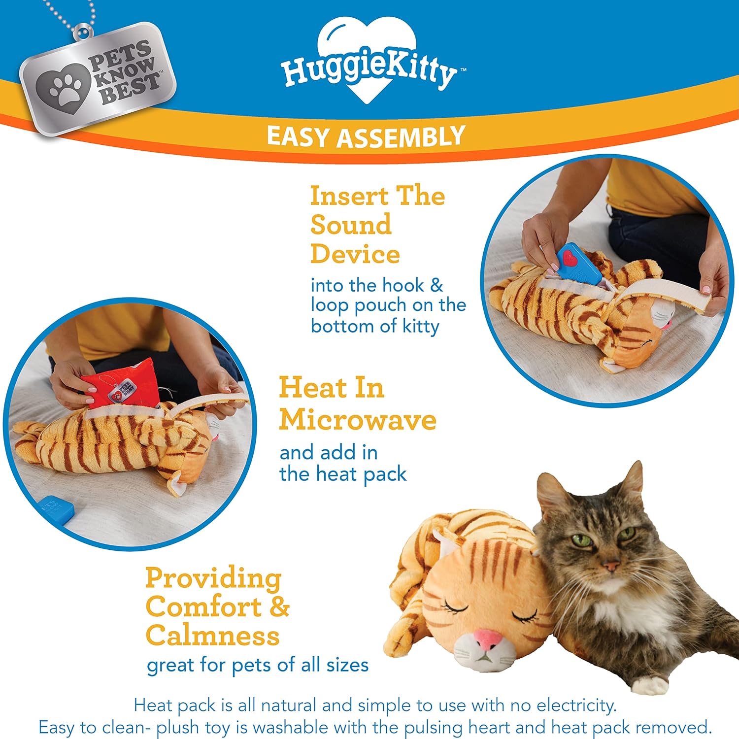 Pets Know Best HuggieKitty | Comfort Purring Companion with Heartbeat Sleep Aide for Cats & Kittens, Heating for Calming Relief, Carrier & Behavioral Training Essential, Breeds, Orange