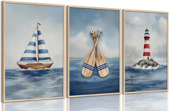 SEINEMBSC Blue Nautical Nursery Wall Art Vintage Sailboat Lighthouse Pictures Wall Decor Boy Coastal Posters Navy Sea Ocean Canvas Print Artwork for Kids Boys Room Playroom Bedroom Decor, Unframed