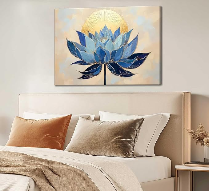 Zen Canvas Wall Art Abstract Blue Lotus Flower Boho Sunrise Gold Sun Spiritual Painting Pictures Wall Decor Poster Print Artwork for Office Yoga Room Spa Room Meditation Room Home Decoration