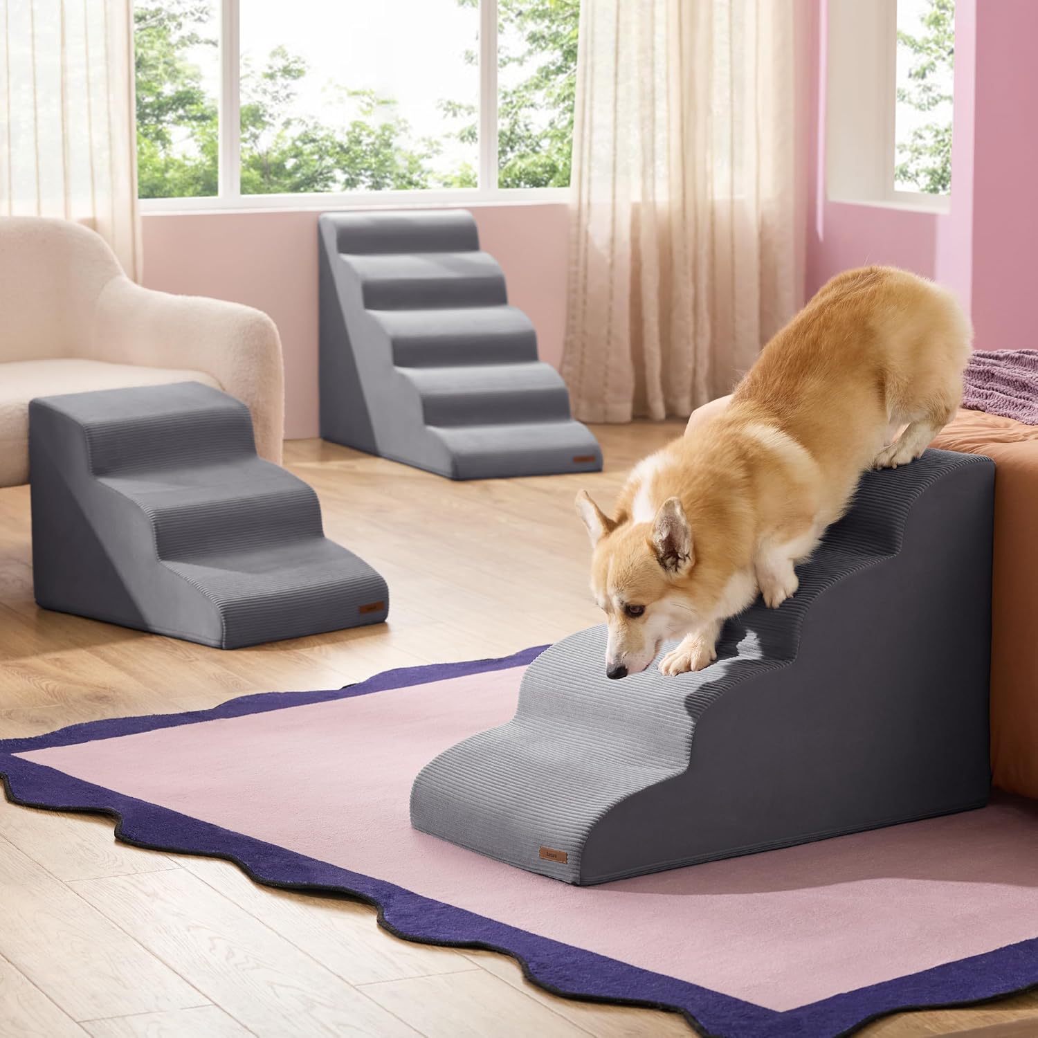 Lesure Dog Stairs for Small Dogs and Cats Pet Steps Ramp for Bed and Couch with CertiPUR-US Certified Foam with Non-Slip Bottom, Grey, 3 Steps
