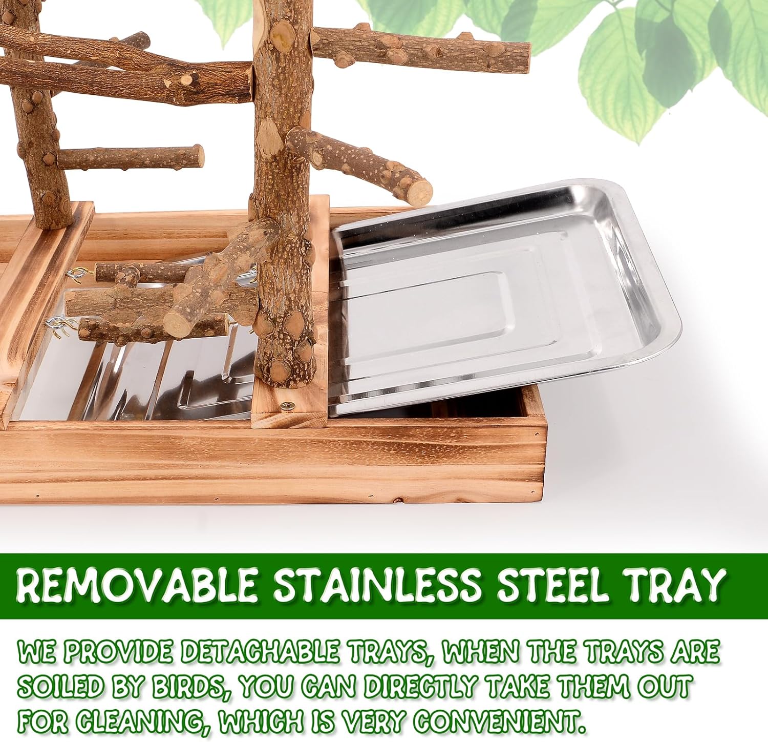 Bird Playground - Natural Wood Bird Perch Stand with Removable Tray and 2 Stainless Steel Cups