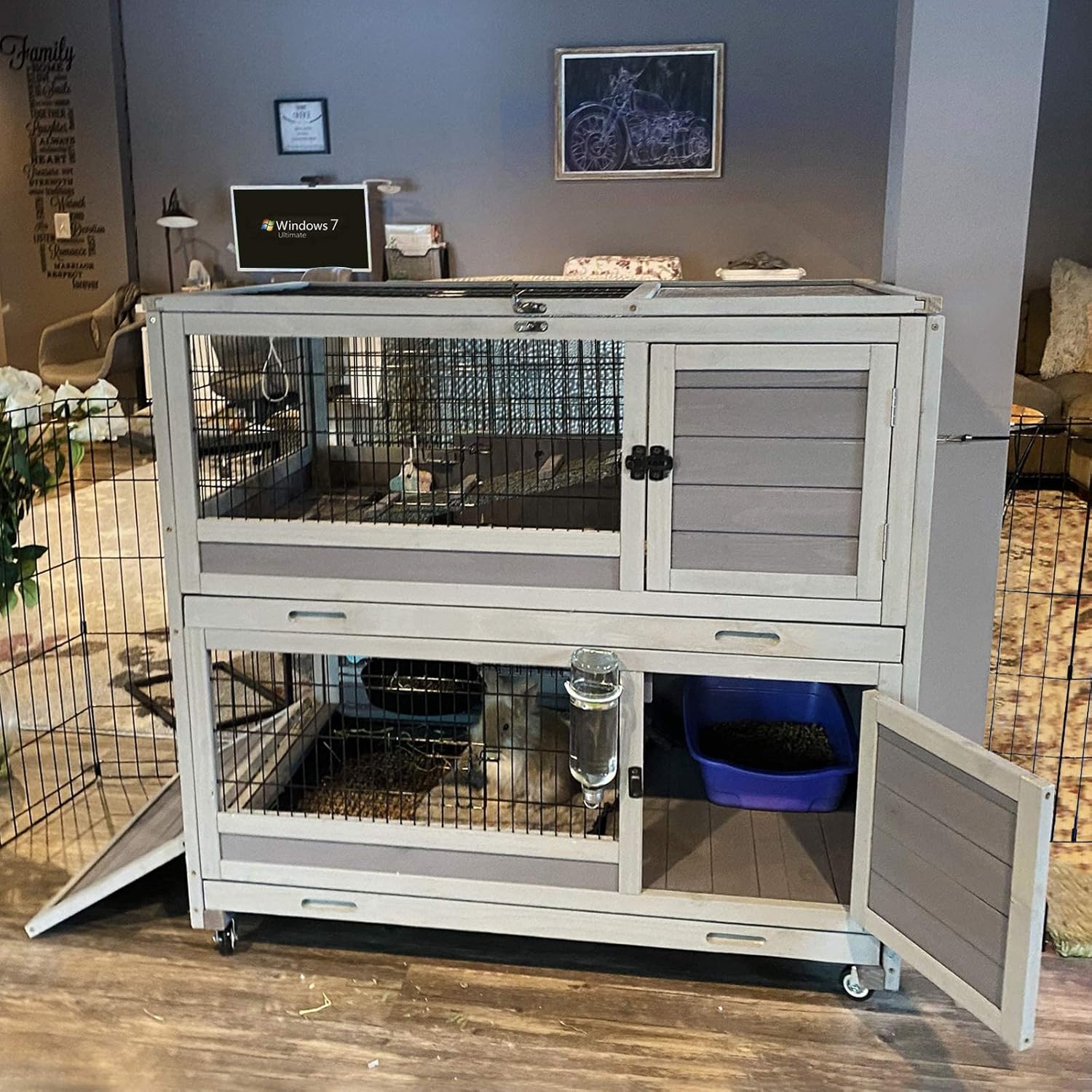 Aivituvin Rabbit Hutch Rabbit Cage Outdoor & Indoor on Wheels Bunny cage with Deep No Leak Pull Out Tray,Upgrade Version (Gray)