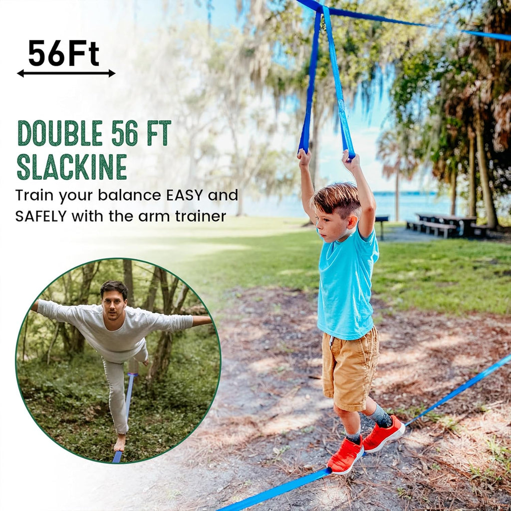 Ninja Warrior Obstacle Course for Kids, 2×56ft Slackline Kit with 8 Ninja Accessories - Monkey Bar, Rope Ladder, Gymnastic Ring, Arm Trainer and Monkey Fist