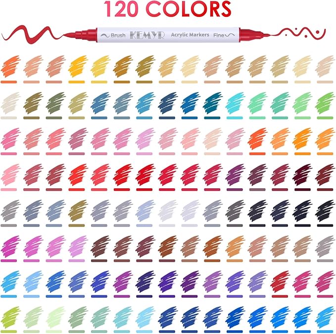 120 Colors Brush & Fine Tip Acrylic Paint Pens, Dual Tip Acrylic Paint Markers for Paper, Wood, Canvas, Stone, Rock, Glass, Fabric, DIY, Ceramic, Art Supplies for Adults Drawing