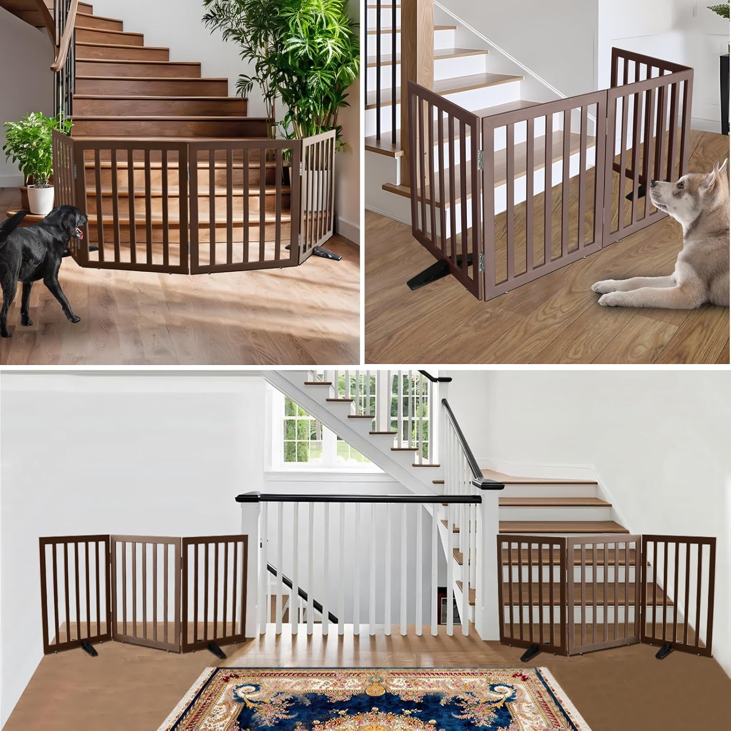ZJSF Freestanding Indoor Dog Gate for House Foldable Wood Puppy Gate for Doorways Pet Gate for Stairs Extra Wide Pet Fence, Brown, 32" Height 6 Panels