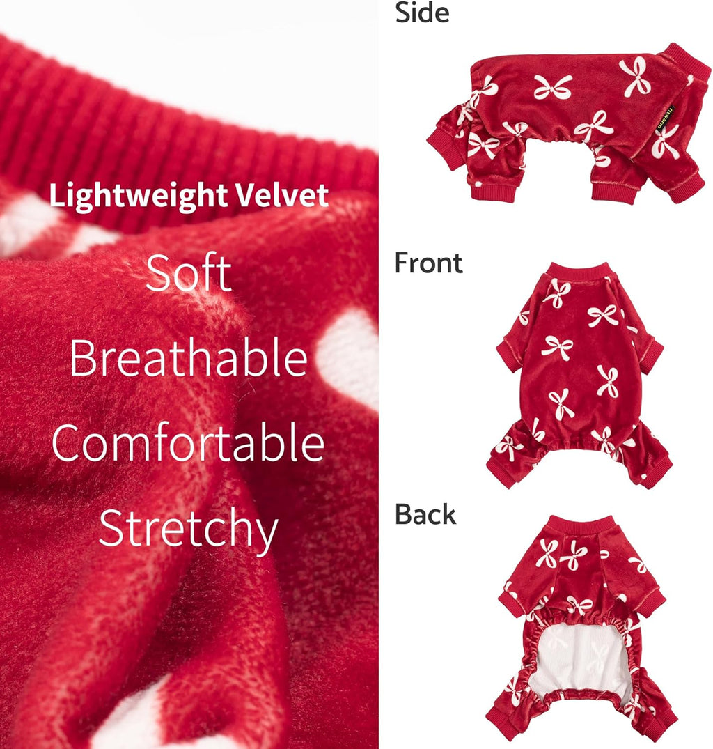 Fitwarm Bowknot Dog Pajamas, Warm Clothes for Small Dogs Girl, Fleece Pet Onesie with Feet, Burgundy Red, White, XXL