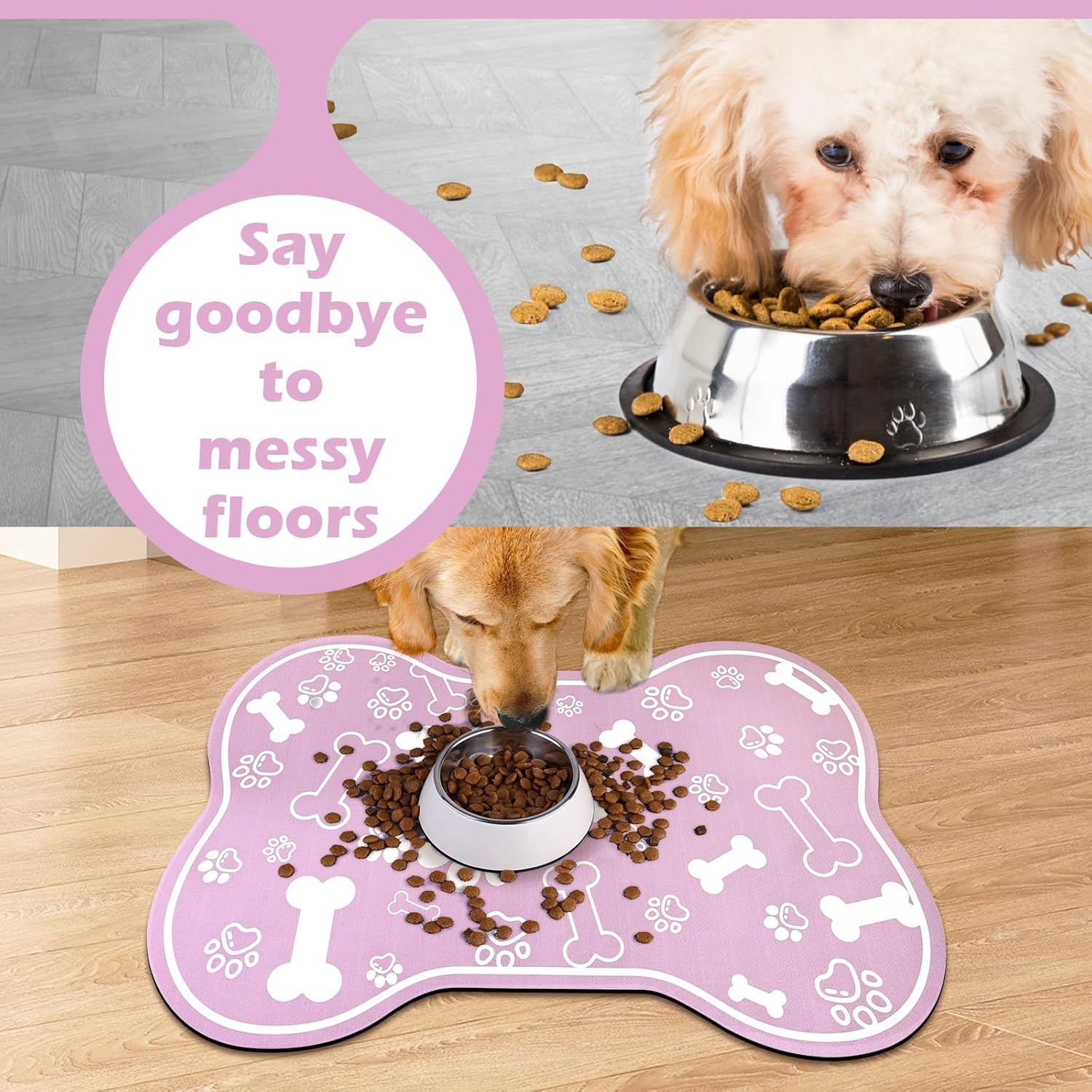 Dog Cat Mat for Food and Water,Rapid Absorbent Pet Feeding Mat, Bone Shaped Dog Placemat Bowl Mat with Rubber Backing,No Stains Pet Food Mats Indoor, Pet Accessories Supplies,Pink 17"×29"
