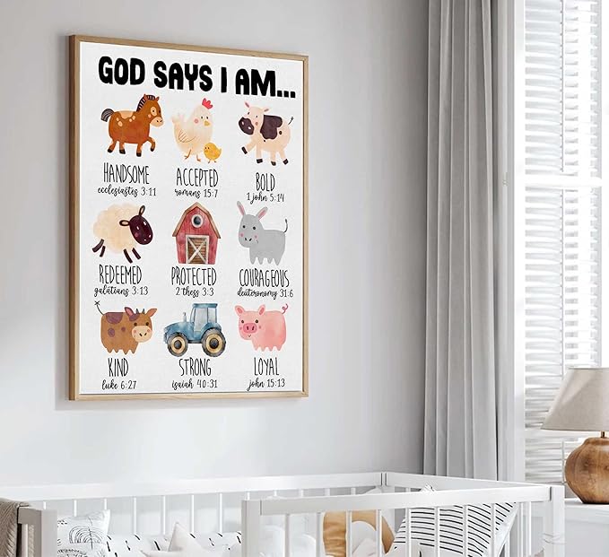 Framed Christian Nursery Canvas Wall Art God Says I Am Inspirational Bible Verses Farm Animals Painting Pictures Wall Decor Posters Prints Artwork For Kids Girls Bedroom Playroom Baby Room