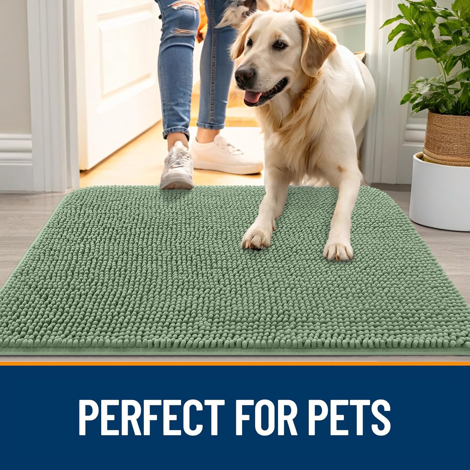 OLANLY Dog Door Mat for Muddy Paws 59x24, Absorbs Moisture and Dirt, Absorbent Non-Slip Washable Doormat, Quick Dry Chenille Mud Mat, Entry Indoor Entryway Carpet for Inside Floor, Olive Green